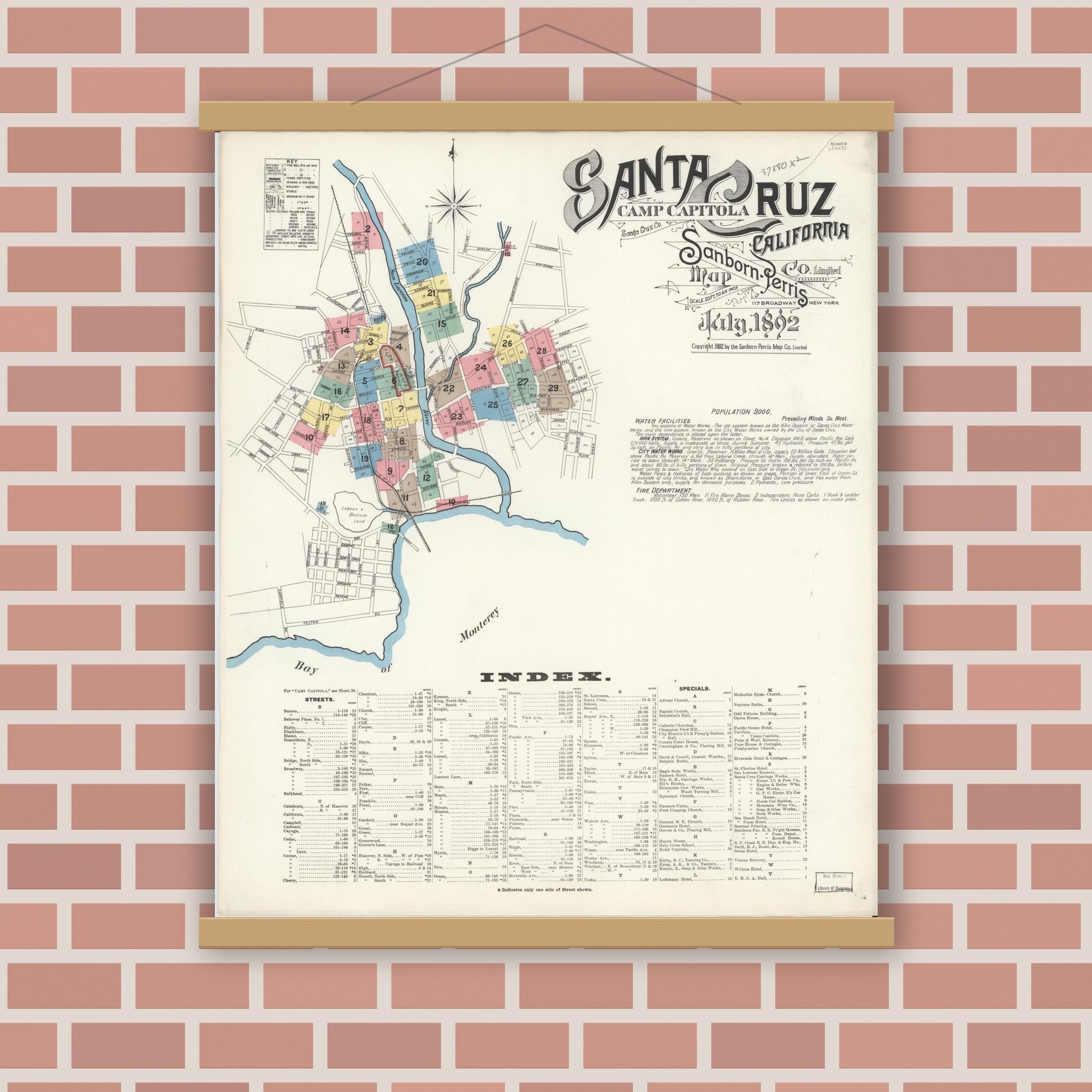 Old map wall art mockup — magnetic wood frame on brick wall — Sanborn Fire Insurance Map from Santa Cruz, Santa Cruz County, California (1892), Sheet #0001