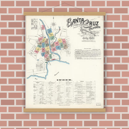 Old map wall art mockup — magnetic wood frame on brick wall — Sanborn Fire Insurance Map from Santa Cruz, Santa Cruz County, California (1892), Sheet #0001