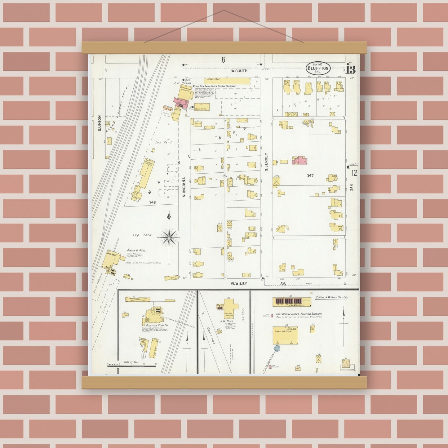 Old map wall art mockup — magnetic wood frame on brick wall — Sanborn Fire Insurance Map from Bluffton, Wells County, Indiana (1900), Sheet #0013