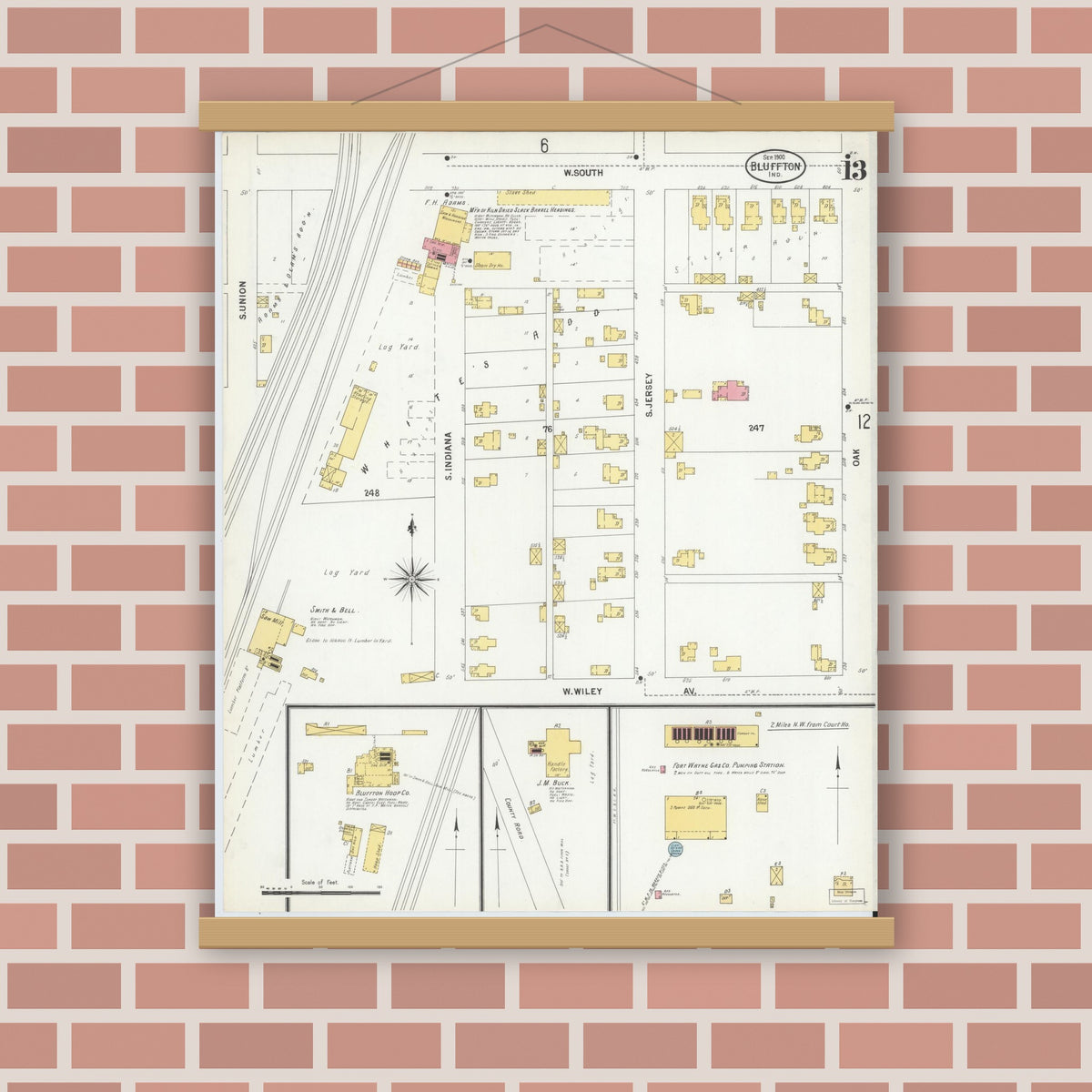 Old map wall art mockup — magnetic wood frame on brick wall — Sanborn Fire Insurance Map from Bluffton, Wells County, Indiana (1900), Sheet #0013
