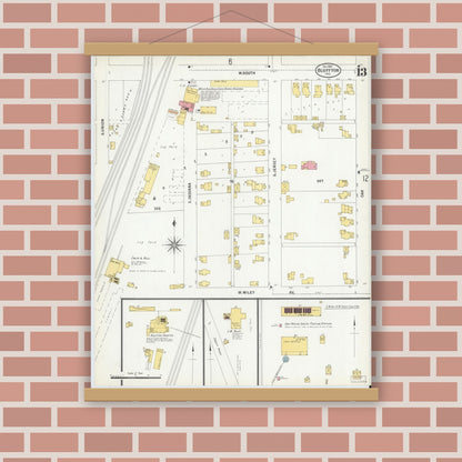 Old map wall art mockup — magnetic wood frame on brick wall — Sanborn Fire Insurance Map from Bluffton, Wells County, Indiana (1900), Sheet #0013