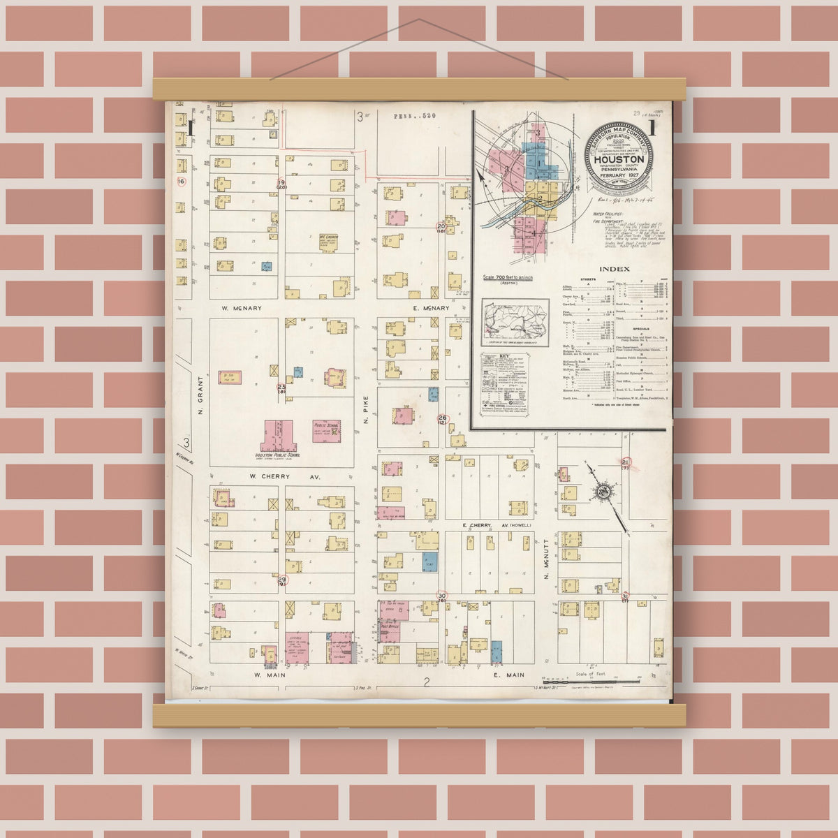 Old map wall art mockup — magnetic wood frame on brick wall — Sanborn Fire Insurance Map from Houston, Washington County, Pennsylvania (1936), Sheet #0001