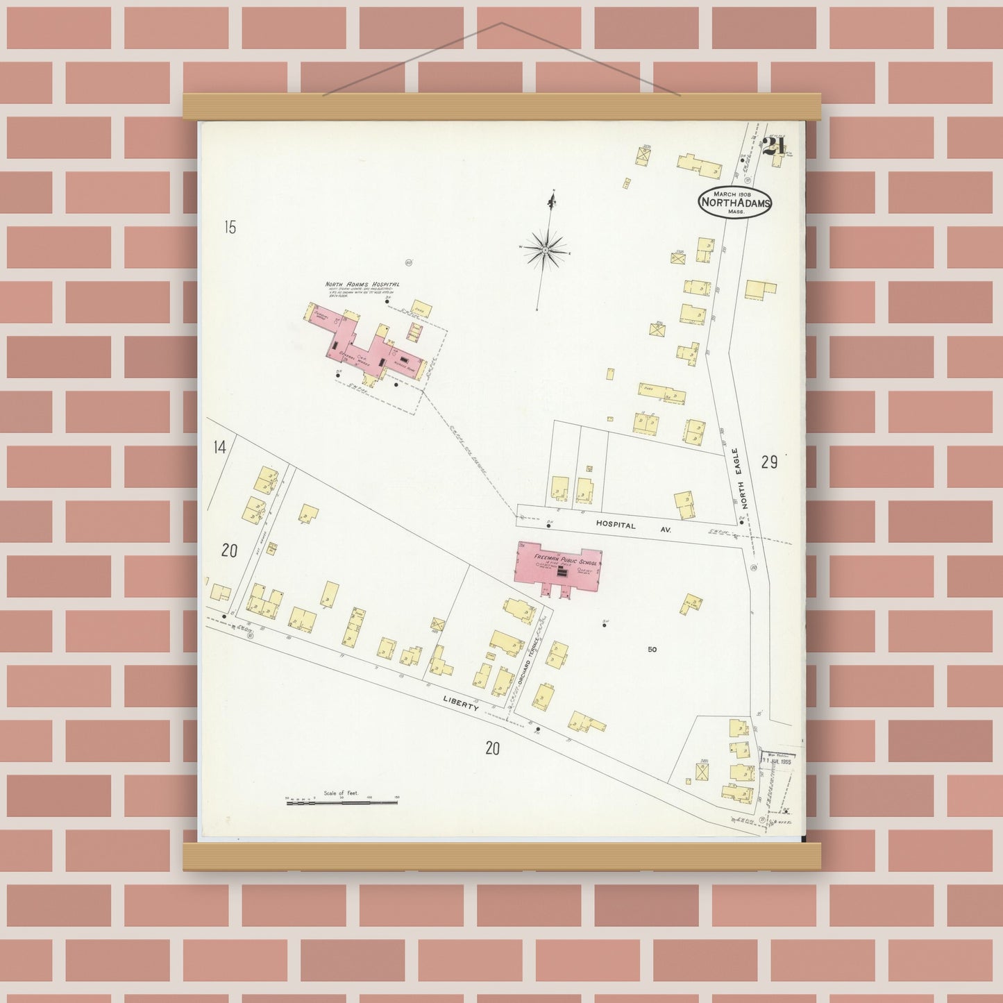 Old map wall art mockup — magnetic wood frame on brick wall — Sanborn Fire Insurance Map from North Adams, Berkshire County, Massachusetts (1908), Sheet #0021
