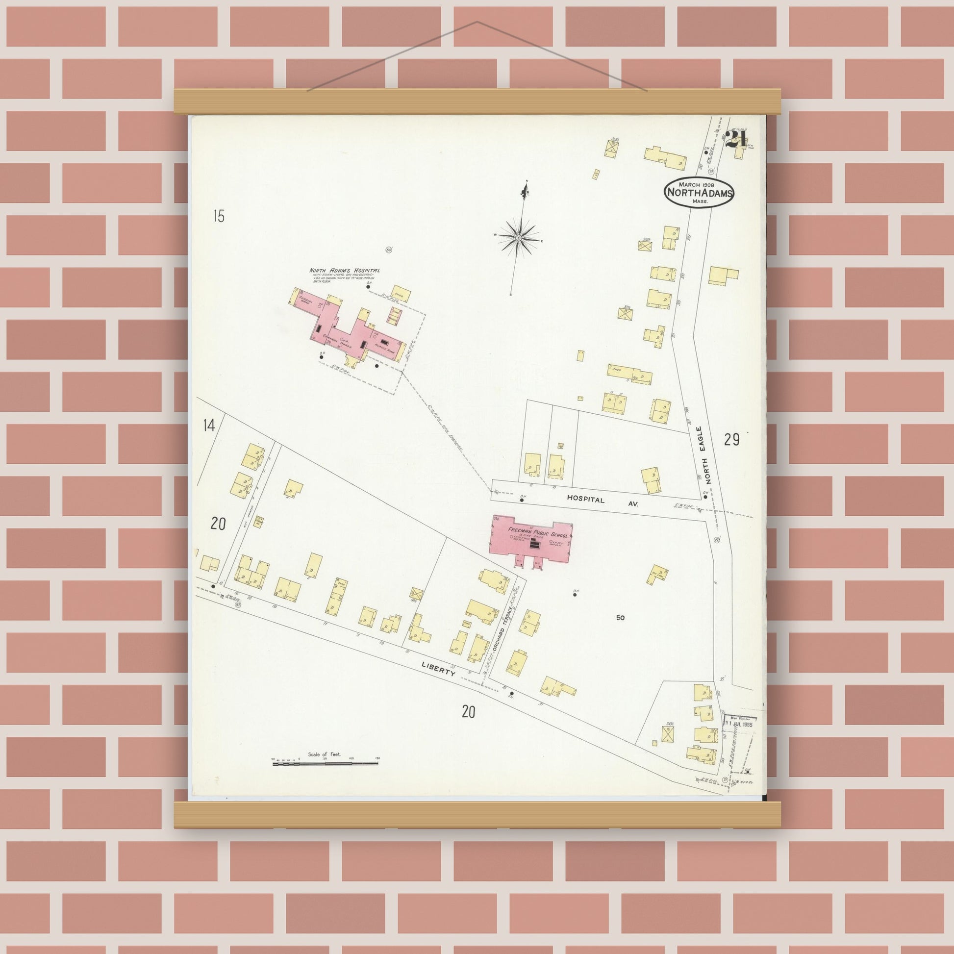 Old map wall art mockup — magnetic wood frame on brick wall — Sanborn Fire Insurance Map from North Adams, Berkshire County, Massachusetts (1908), Sheet #0021