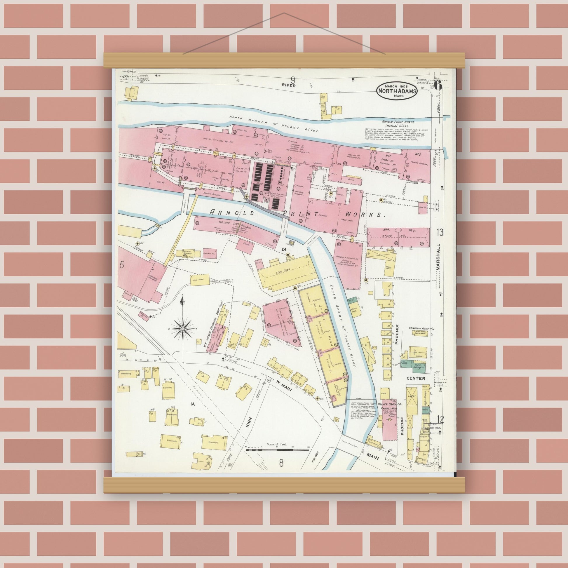 Old map wall art mockup — magnetic wood frame on brick wall — Sanborn Fire Insurance Map from North Adams, Berkshire County, Massachusetts (1908), Sheet #0006