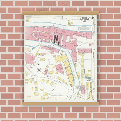 Old map wall art mockup — magnetic wood frame on brick wall — Sanborn Fire Insurance Map from North Adams, Berkshire County, Massachusetts (1908), Sheet #0006