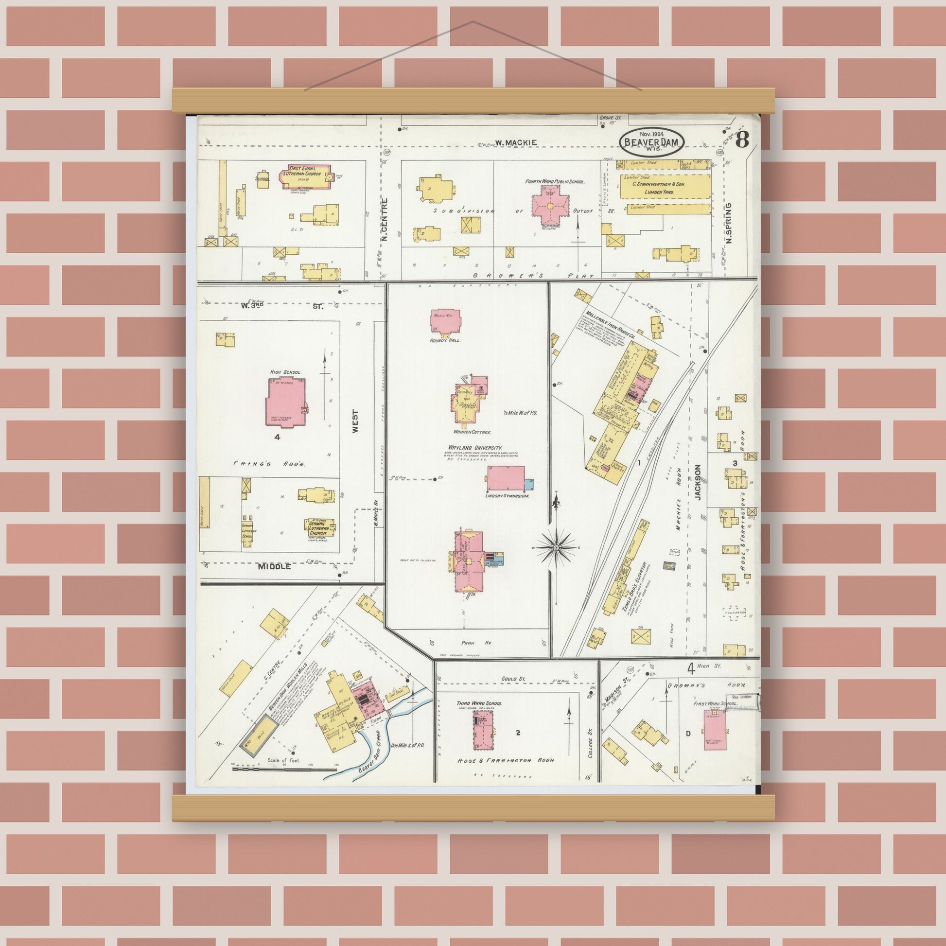 Old map wall art mockup — magnetic wood frame on brick wall — Sanborn Fire Insurance Map from Beaver Dam, Dodge County, Wisconsin (1904), Sheet #0008