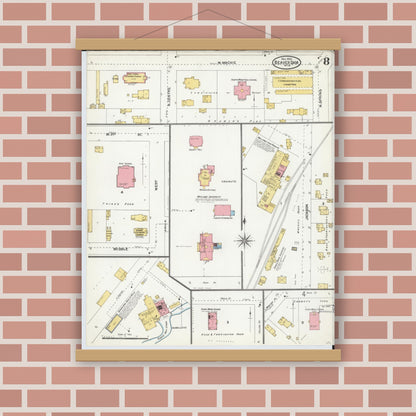 Old map wall art mockup — magnetic wood frame on brick wall — Sanborn Fire Insurance Map from Beaver Dam, Dodge County, Wisconsin (1904), Sheet #0008