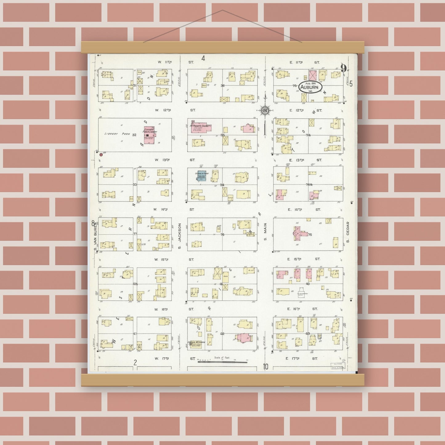 Old map wall art mockup — magnetic wood frame on brick wall — Sanborn Fire Insurance Map from Auburn, De Kalb County, Indiana (1914), Sheet #0009