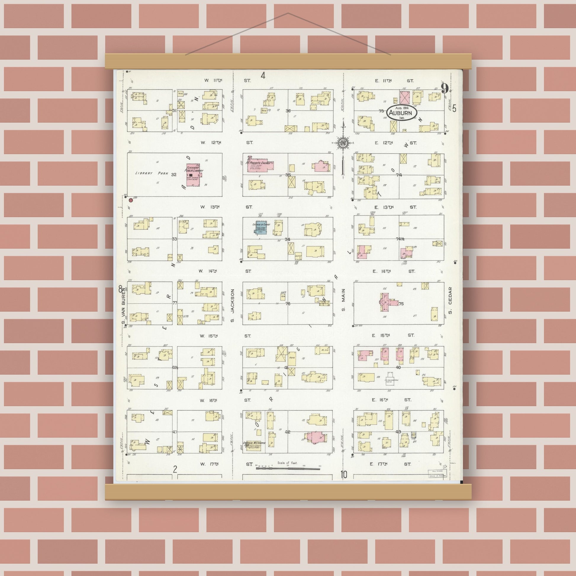 Old map wall art mockup — magnetic wood frame on brick wall — Sanborn Fire Insurance Map from Auburn, De Kalb County, Indiana (1914), Sheet #0009