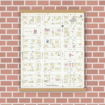 Old map wall art mockup — magnetic wood frame on brick wall — Sanborn Fire Insurance Map from Auburn, De Kalb County, Indiana (1914), Sheet #0009