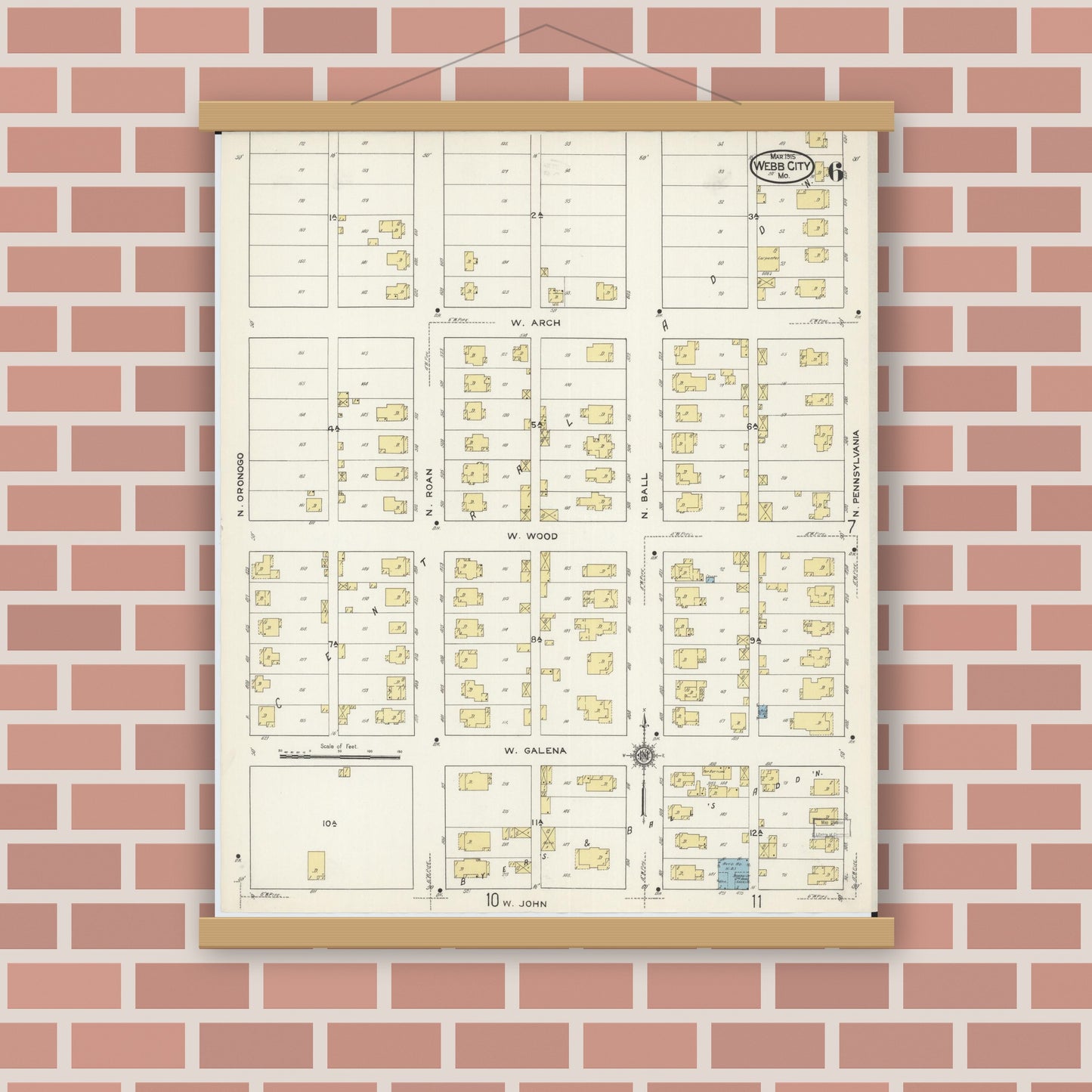 Old map wall art mockup — magnetic wood frame on brick wall — Sanborn Fire Insurance Map from Webb City, Jasper County, Missouri (1915), Sheet #0006