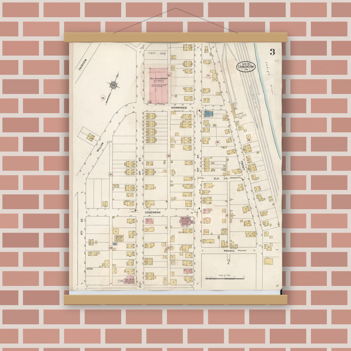 Old map wall art mockup — magnetic wood frame on brick wall — Sanborn Fire Insurance Map from Cementon, Lehigh County, Pennsylvania (1924), Sheet #0003