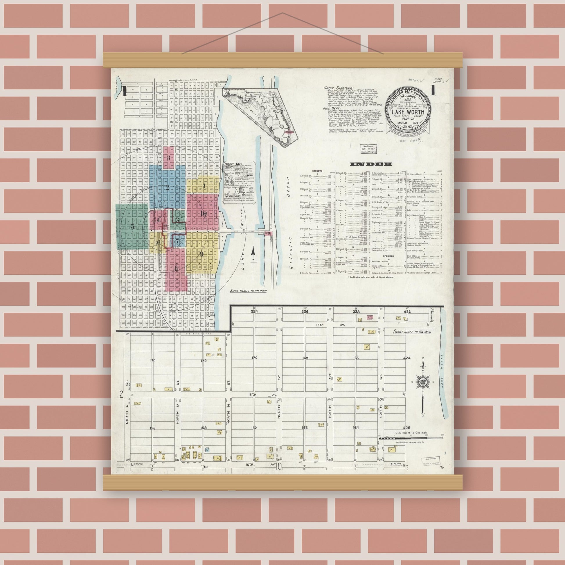 Old map wall art mockup — magnetic wood frame on brick wall — Sanborn Fire Insurance Map from Lake Worth, Palm Beach County, Florida (1924) - Complete Map Set