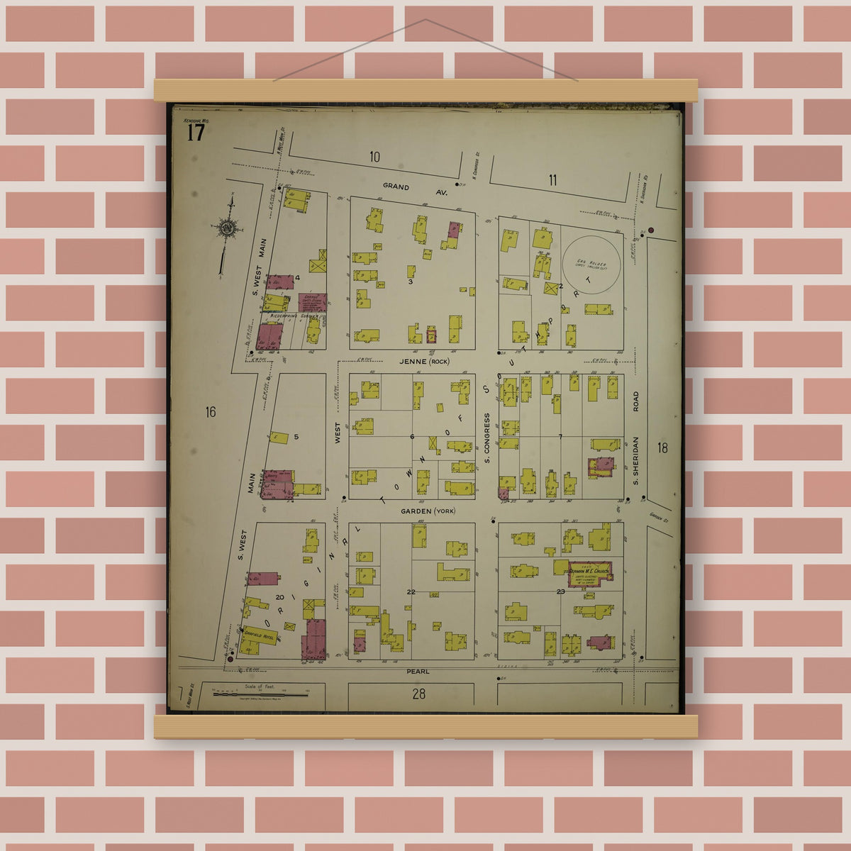 Old map wall art mockup — magnetic wood frame on brick wall — Sanborn Fire Insurance Map from Kenosha, Kenosha County, Wisconsin. (1918), Sheet 21