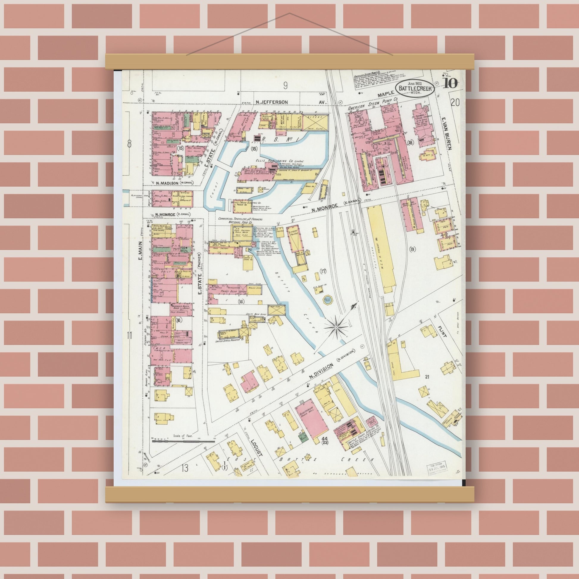 Old map wall art mockup — magnetic wood frame on brick wall — Sanborn Fire Insurance Map from Battle Creek, Calhoun County, Michigan (1902), Sheet #0010