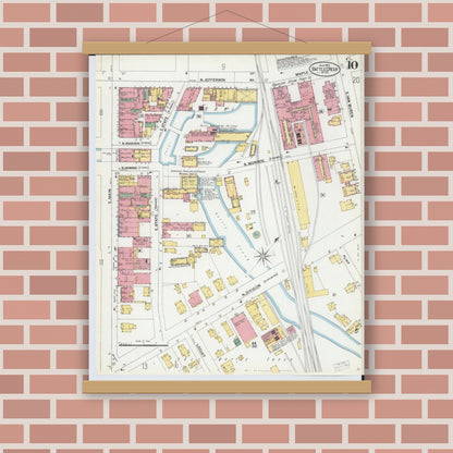 Old map wall art mockup — magnetic wood frame on brick wall — Sanborn Fire Insurance Map from Battle Creek, Calhoun County, Michigan (1902), Sheet #0010