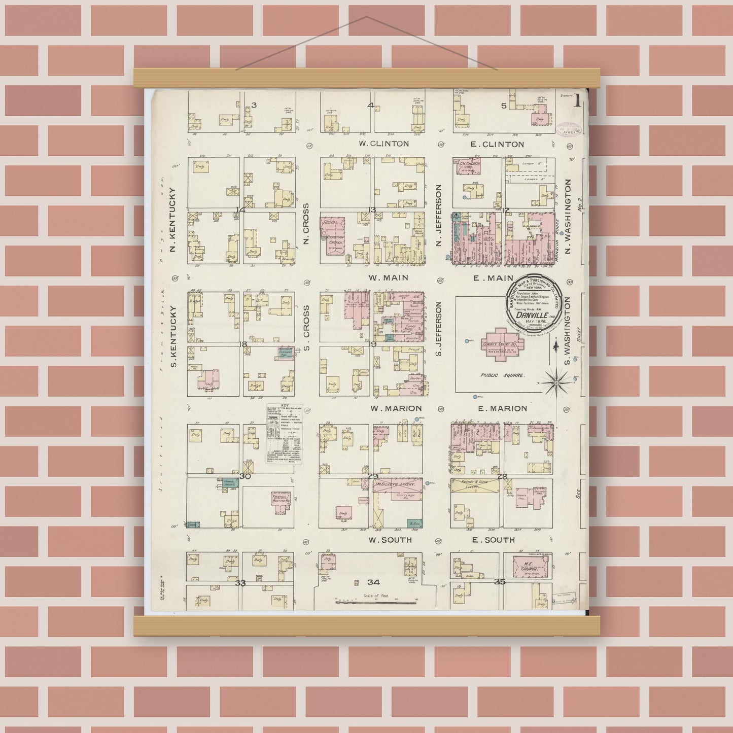 Old map wall art mockup — magnetic wood frame on brick wall — Sanborn Fire Insurance Map from Danville, Hendricks County, Indiana (1886), Sheet #0001