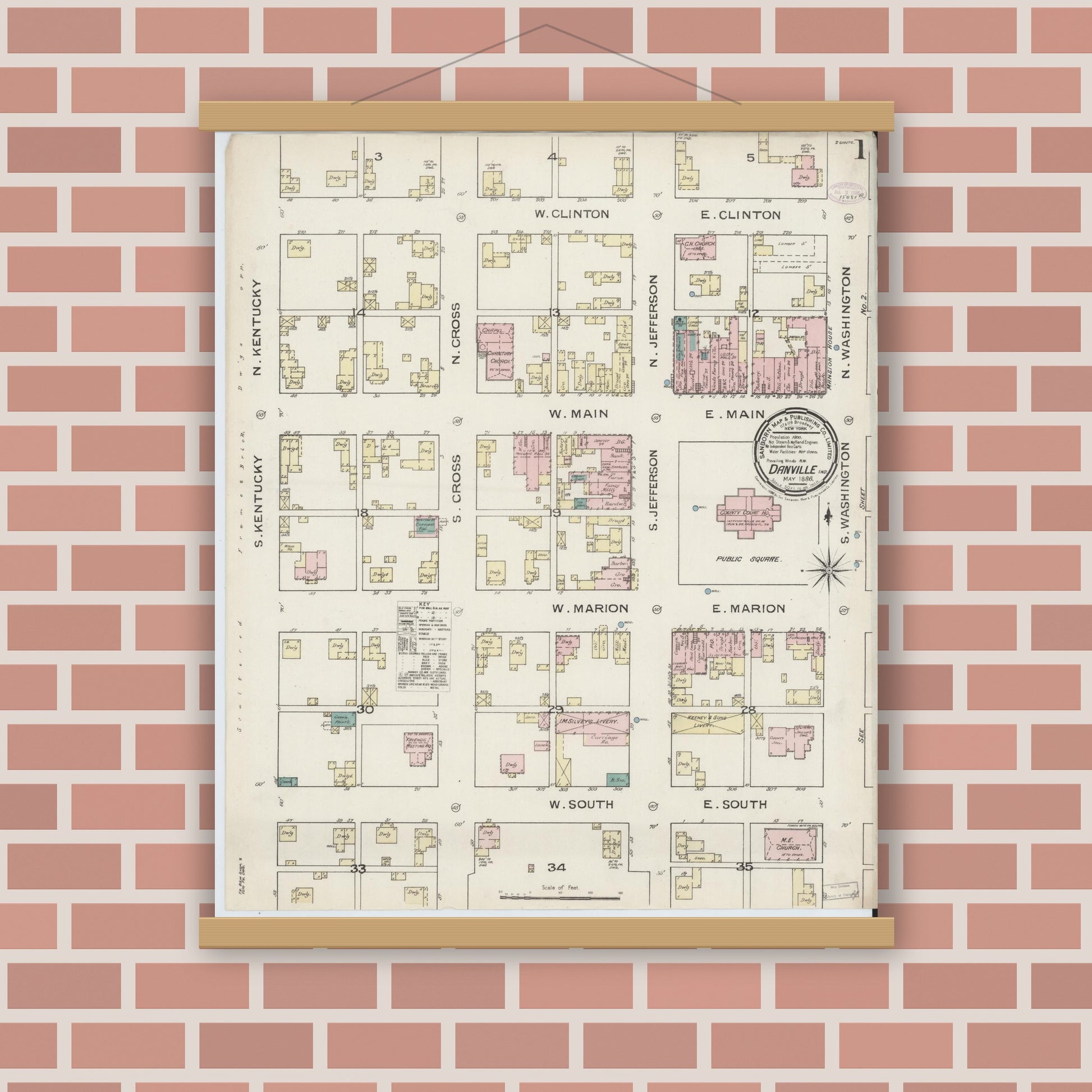 Old map wall art mockup — magnetic wood frame on brick wall — Sanborn Fire Insurance Map from Danville, Hendricks County, Indiana (1886), Sheet #0001