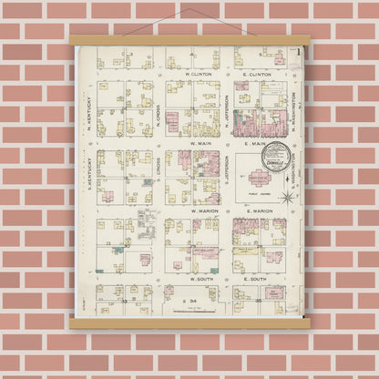Old map wall art mockup — magnetic wood frame on brick wall — Sanborn Fire Insurance Map from Danville, Hendricks County, Indiana (1886), Sheet #0001