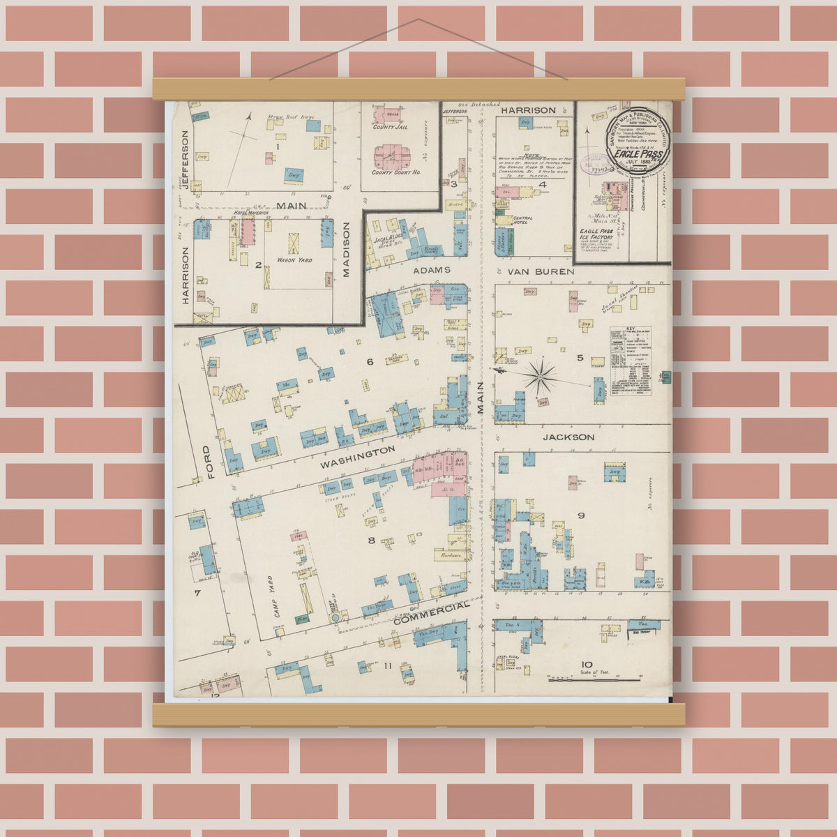 Old map wall art mockup — magnetic wood frame on brick wall — Sanborn Fire Insurance Map from Eagle Pass, Maverick County, Texas (1885), Sheet #0001