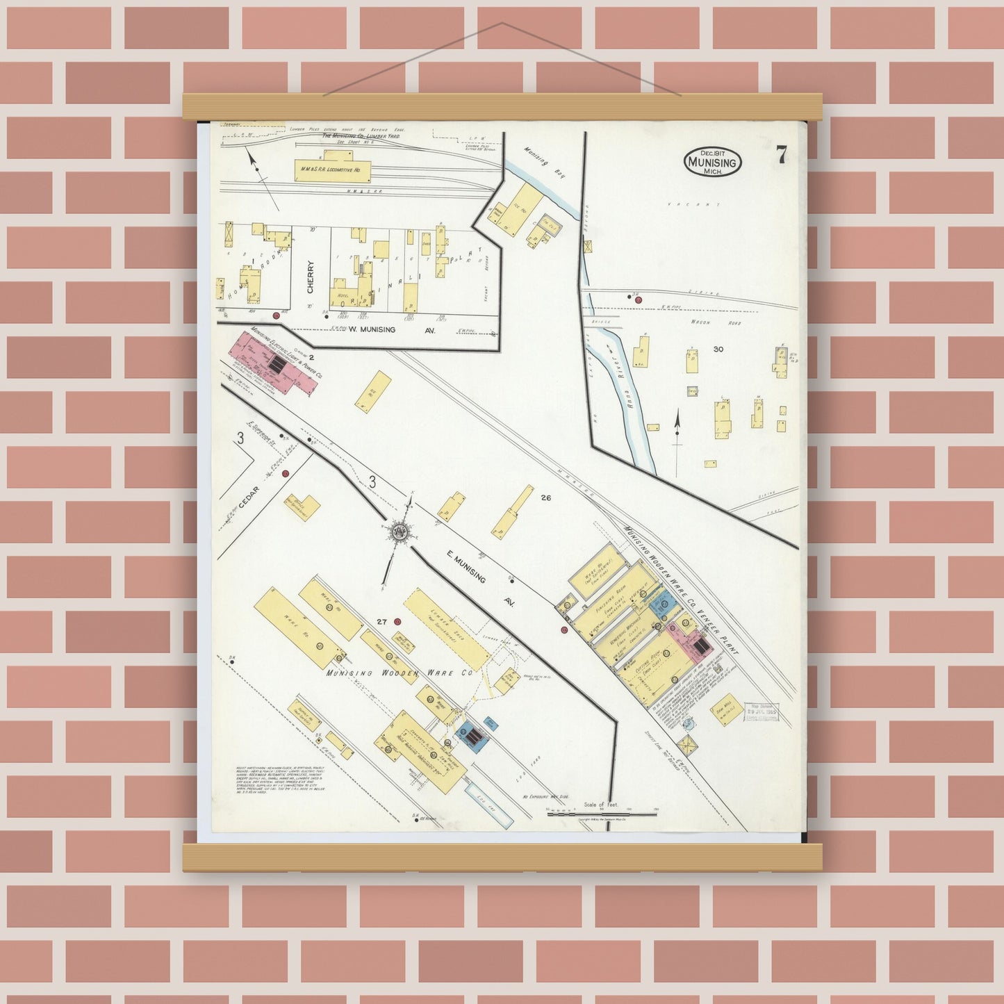 Old map wall art mockup — magnetic wood frame on brick wall — Sanborn Fire Insurance Map from Munising, Alger County, Michigan (1917), Sheet #0007