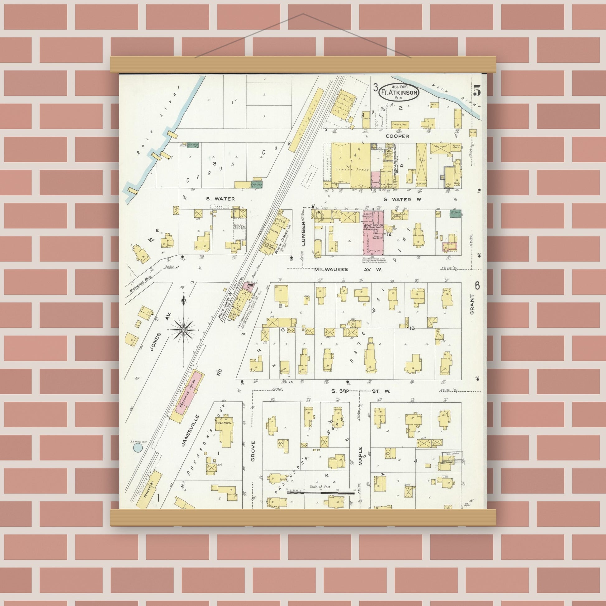Old map wall art mockup — magnetic wood frame on brick wall — Sanborn Fire Insurance Map from Fort Atkinson, Jefferson County, Wisconsin (1909), Sheet #0005