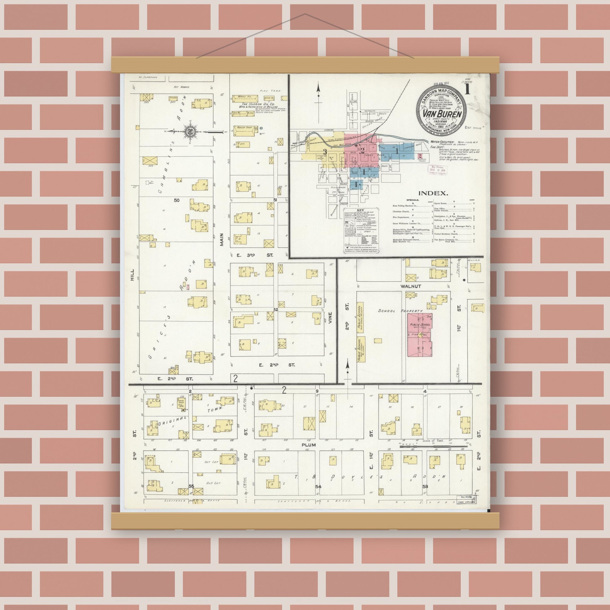 Old map wall art mockup — magnetic wood frame on brick wall — Sanborn Fire Insurance Map from Van Buren, Grant County, Indiana (1911) - Complete Map Set