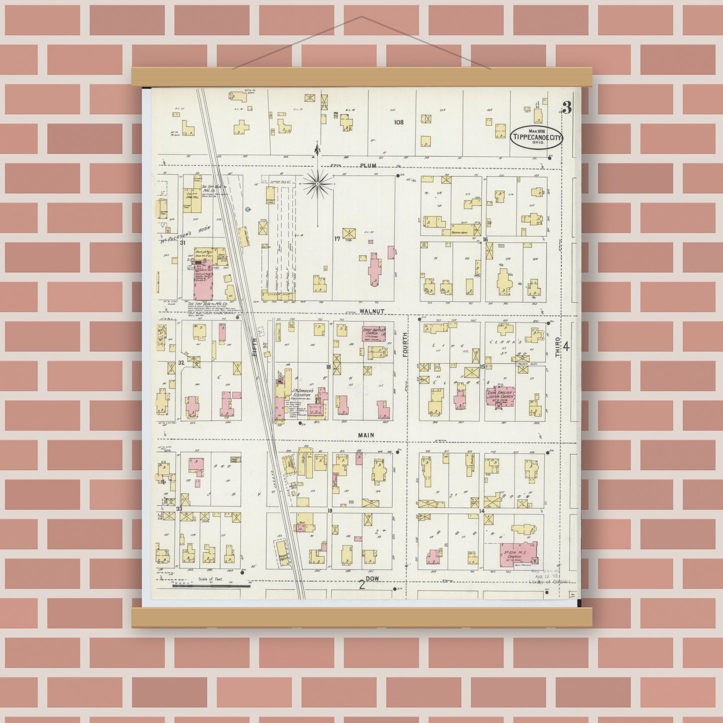 Old map wall art mockup — magnetic wood frame on brick wall — Sanborn Fire Insurance Map from Tipp City, Miami County, Ohio (1898), Sheet #0003
