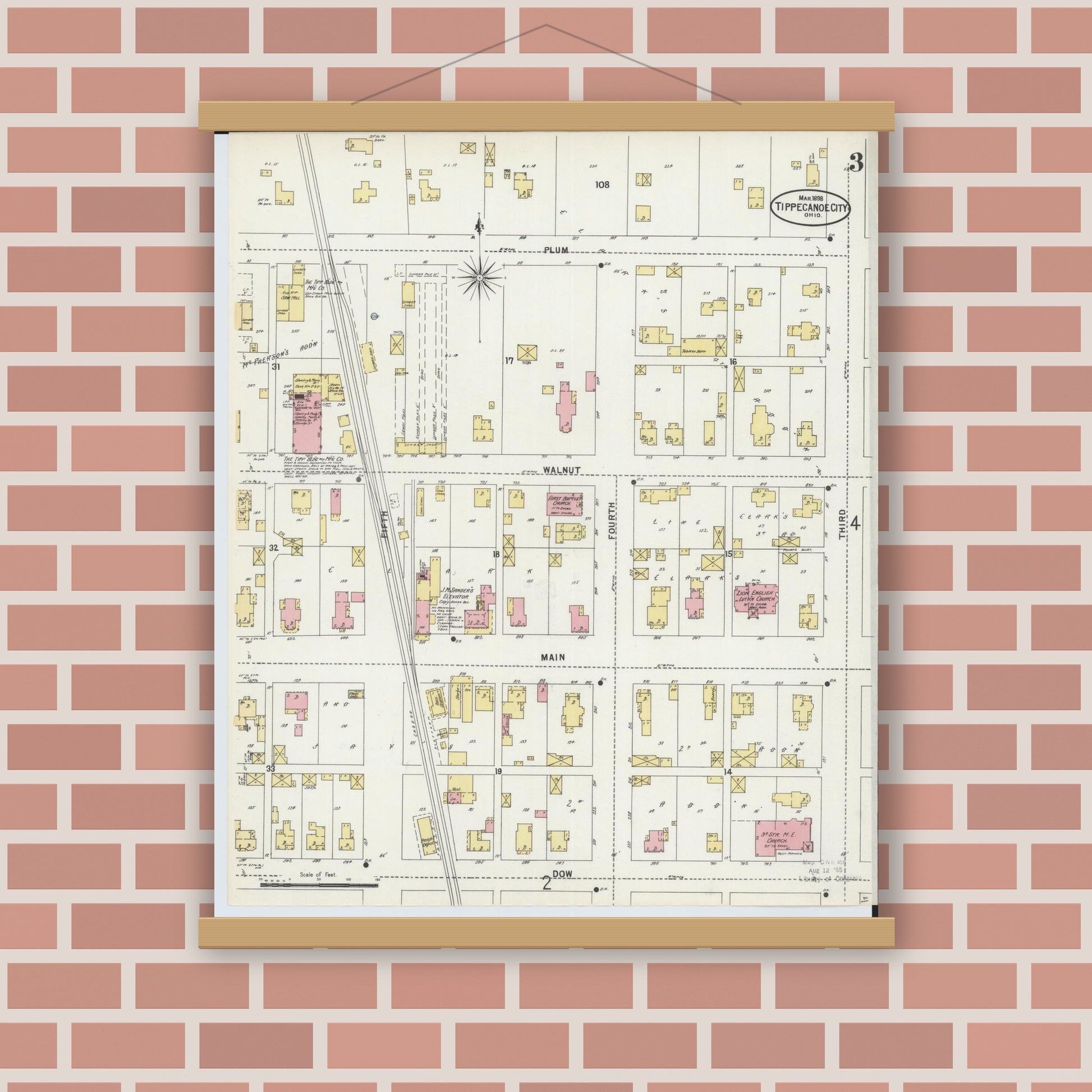 Old map wall art mockup — magnetic wood frame on brick wall — Sanborn Fire Insurance Map from Tipp City, Miami County, Ohio (1898), Sheet #0003