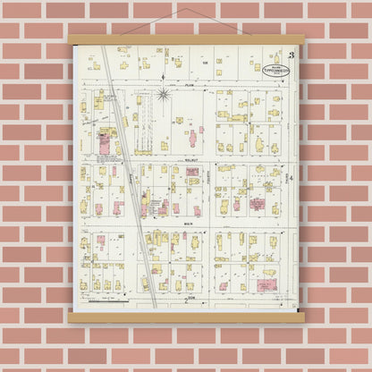 Old map wall art mockup — magnetic wood frame on brick wall — Sanborn Fire Insurance Map from Tipp City, Miami County, Ohio (1898), Sheet #0003
