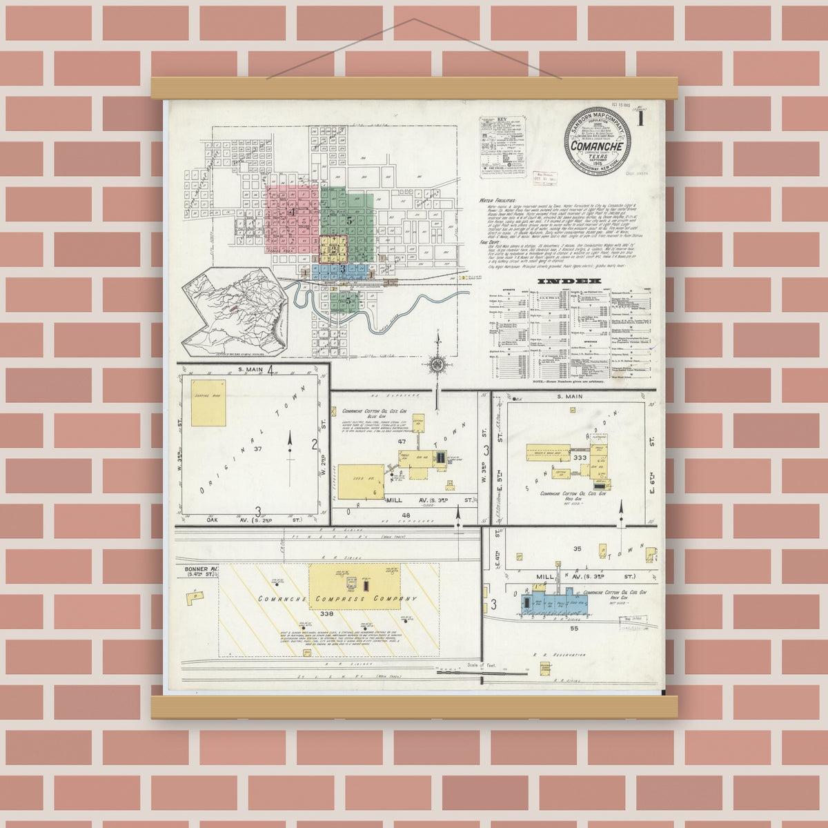 Old map wall art mockup — magnetic wood frame on brick wall — Sanborn Fire Insurance Map from Comanche, Comanche County, Texas (1915) - Complete Map Set