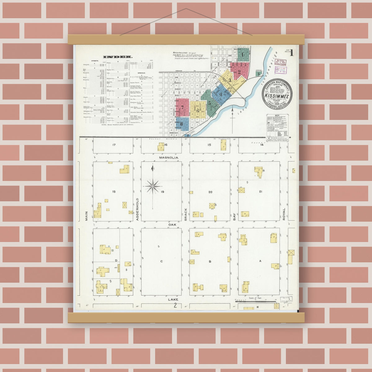 Old map wall art mockup — magnetic wood frame on brick wall — Sanborn Fire Insurance Map from Kissimmee, Osceola County, Florida (1909) - Complete Map Set