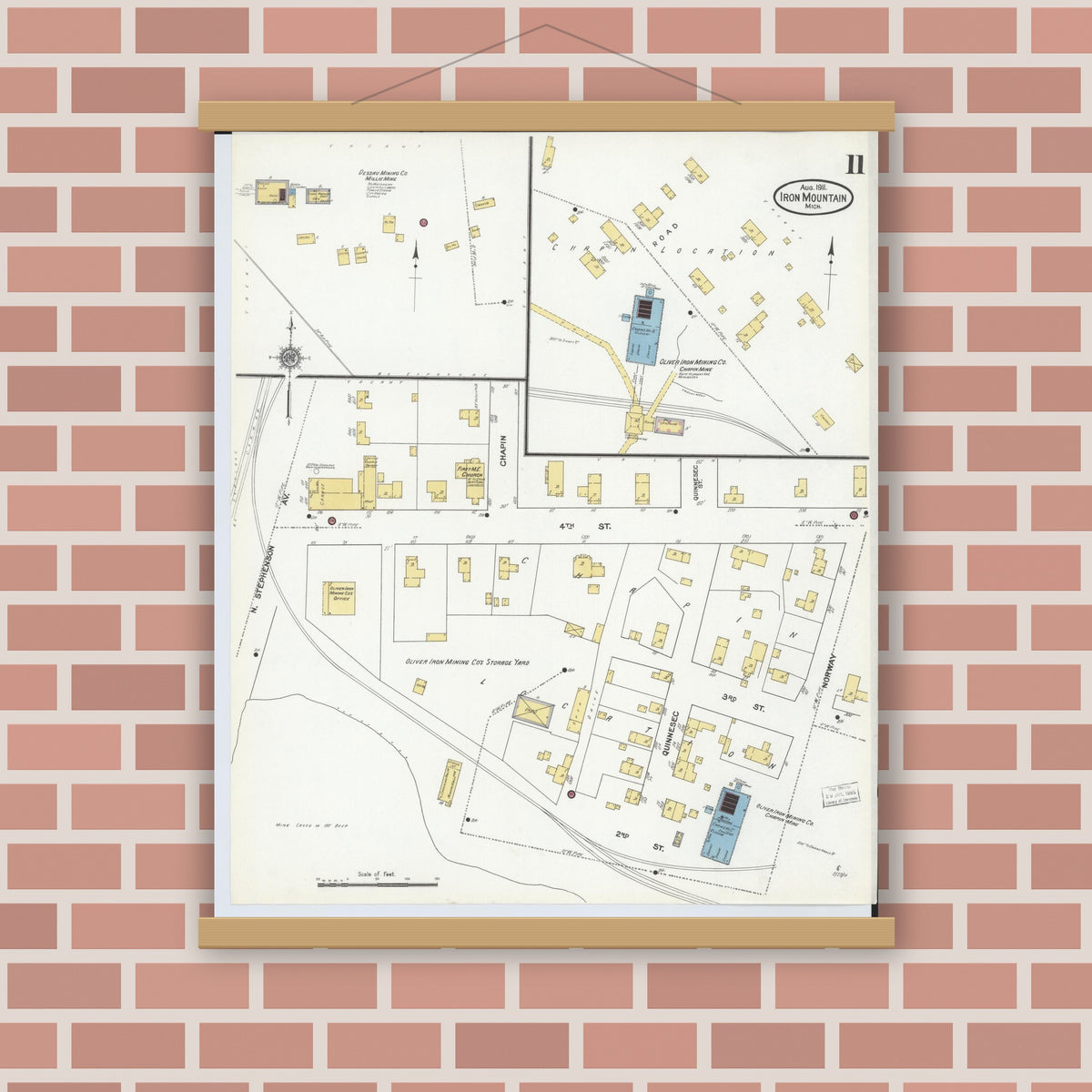 Old map wall art mockup — magnetic wood frame on brick wall — Sanborn Fire Insurance Map from Iron Mountain, Dickinson County, Michigan (1911), Sheet #0011