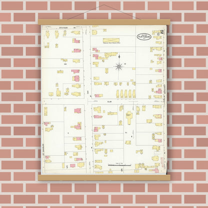 Old map wall art mockup — magnetic wood frame on brick wall — Sanborn Fire Insurance Map from Plattsburg, Clinton County, New York (1909) - Complete Map Set