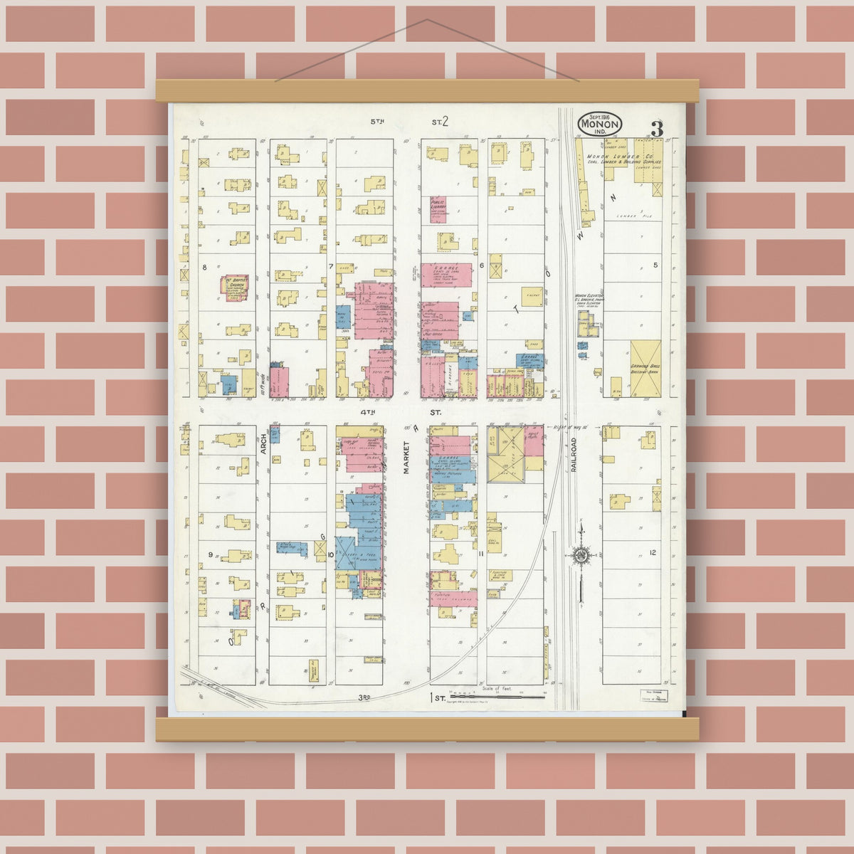 Old map wall art mockup — magnetic wood frame on brick wall — Sanborn Fire Insurance Map from Monon, White County, Indiana (1916), Sheet #0003