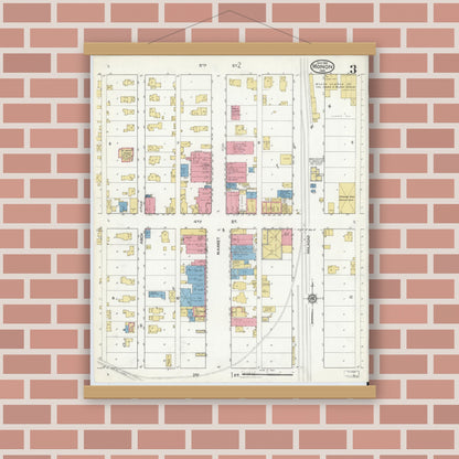 Old map wall art mockup — magnetic wood frame on brick wall — Sanborn Fire Insurance Map from Monon, White County, Indiana (1916), Sheet #0003