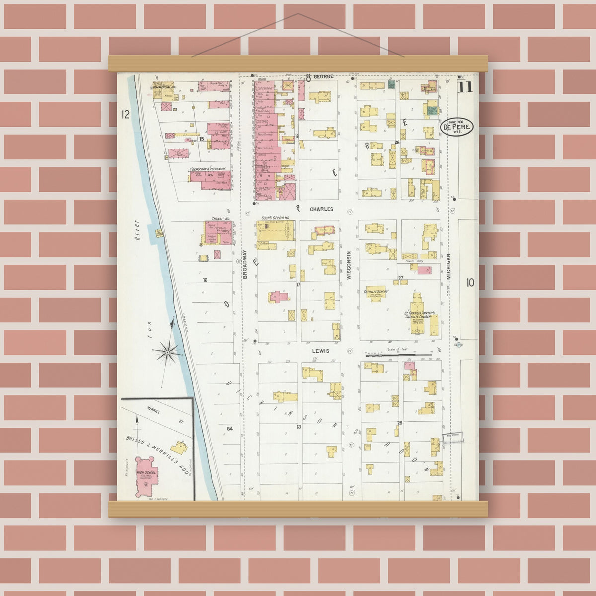 Old map wall art mockup — magnetic wood frame on brick wall — Sanborn Fire Insurance Map from De Pere, Brown County, Wisconsin (1900), Sheet #0011