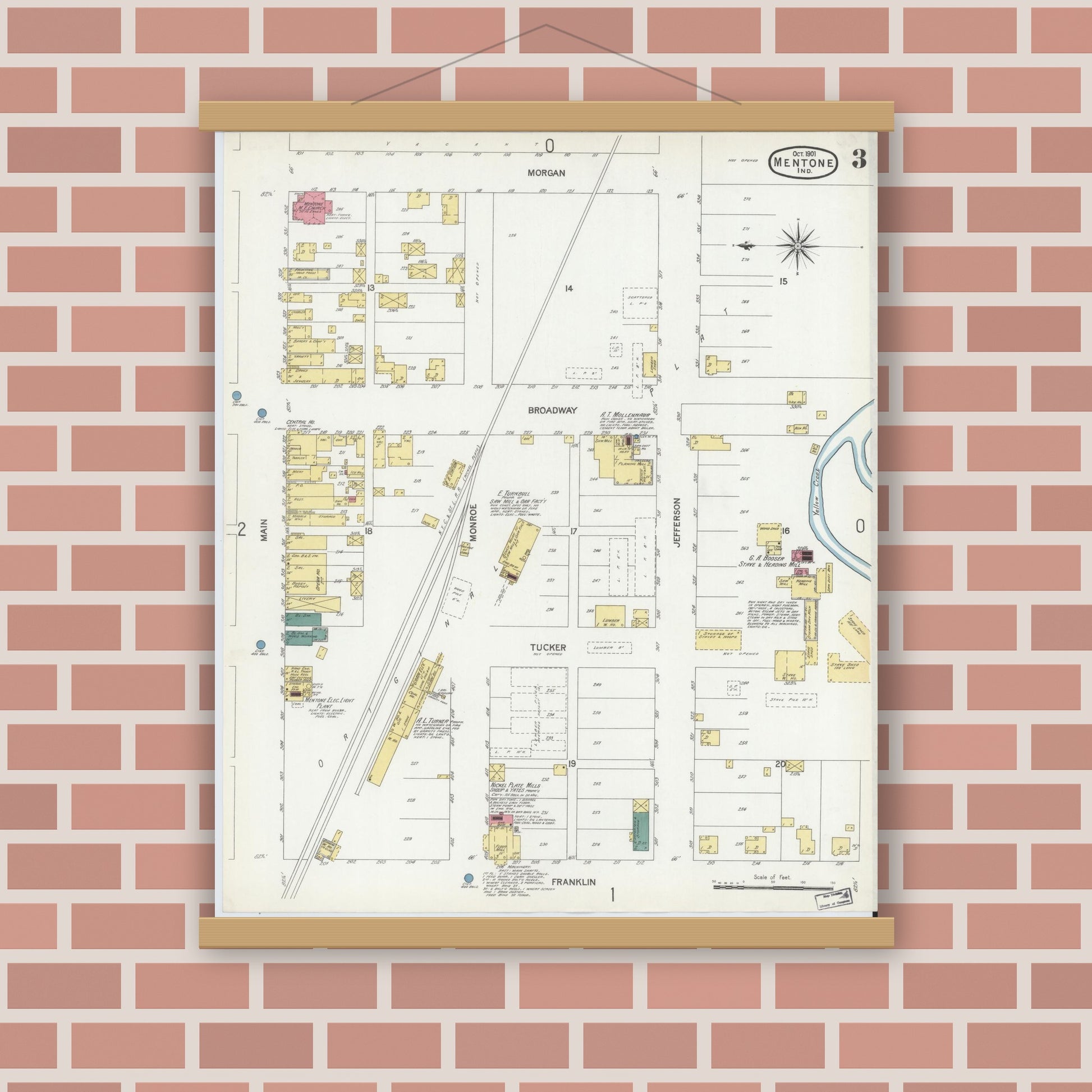 Old map wall art mockup — magnetic wood frame on brick wall — Sanborn Fire Insurance Map from Mentone, Kosciusko County, Indiana (1901), Sheet #0003