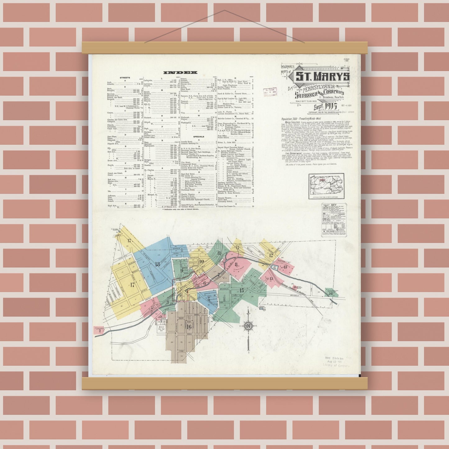 Old map wall art mockup — magnetic wood frame on brick wall — Sanborn Fire Insurance Map from Saint Marys, Elk County, Pennsylvania (1915), Sheet #0001