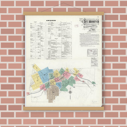Old map wall art mockup — magnetic wood frame on brick wall — Sanborn Fire Insurance Map from Saint Marys, Elk County, Pennsylvania (1915), Sheet #0001