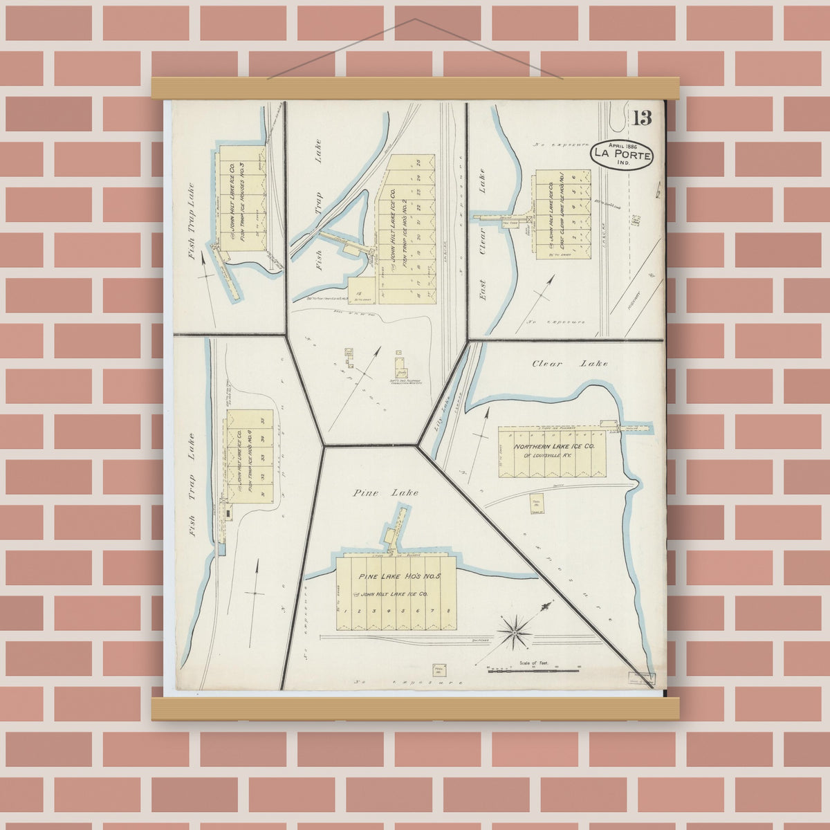 Old map wall art mockup — magnetic wood frame on brick wall — Sanborn Fire Insurance Map from La Porte, La Porte County, Indiana (1886), Sheet #0013