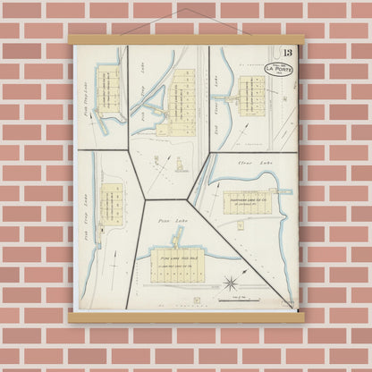 Old map wall art mockup — magnetic wood frame on brick wall — Sanborn Fire Insurance Map from La Porte, La Porte County, Indiana (1886), Sheet #0013