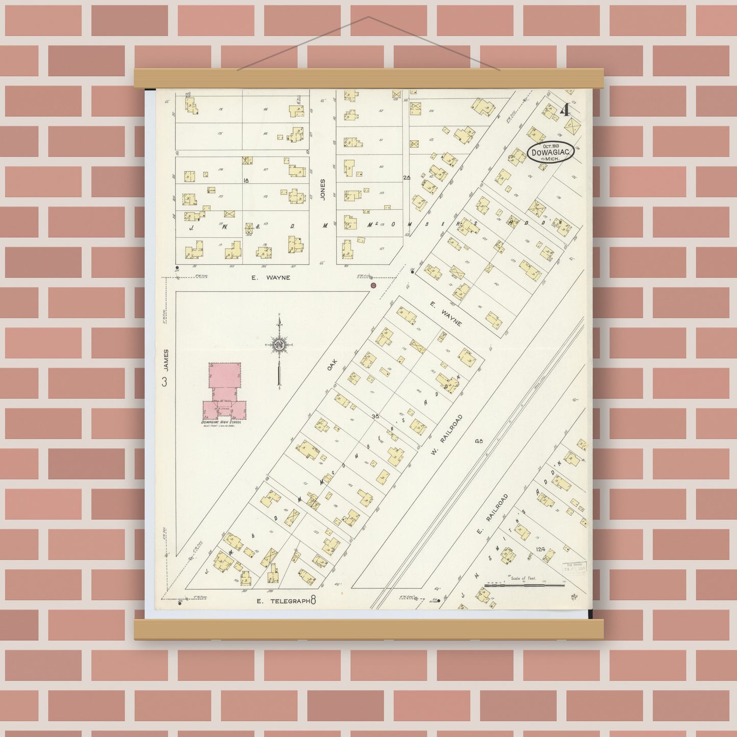 Old map wall art mockup — magnetic wood frame on brick wall — Sanborn Fire Insurance Map from Dowagiac, Cass County, Michigan (1913), Sheet #0004