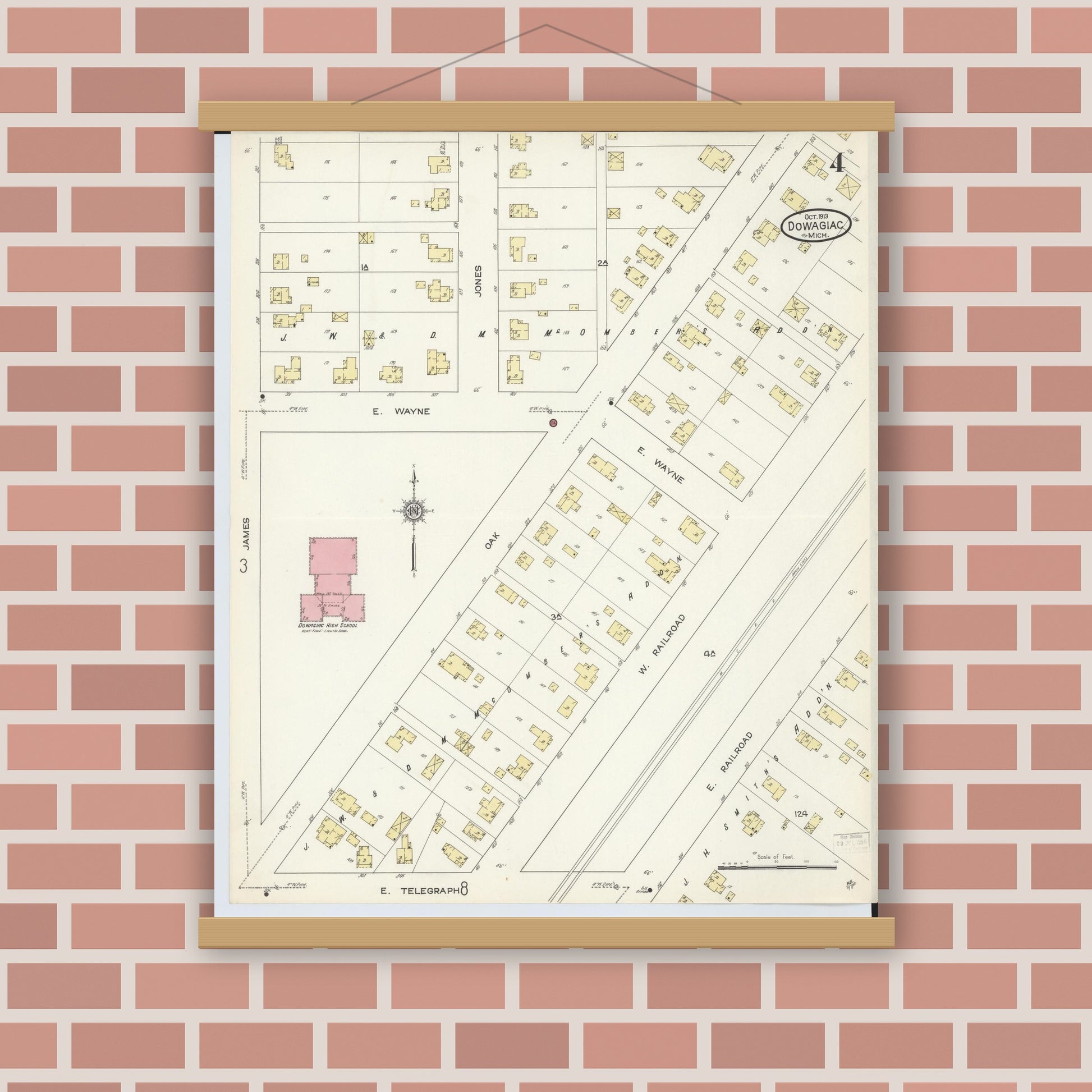 Old map wall art mockup — magnetic wood frame on brick wall — Sanborn Fire Insurance Map from Dowagiac, Cass County, Michigan (1913), Sheet #0004