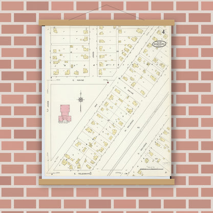 Old map wall art mockup — magnetic wood frame on brick wall — Sanborn Fire Insurance Map from Dowagiac, Cass County, Michigan (1913), Sheet #0004