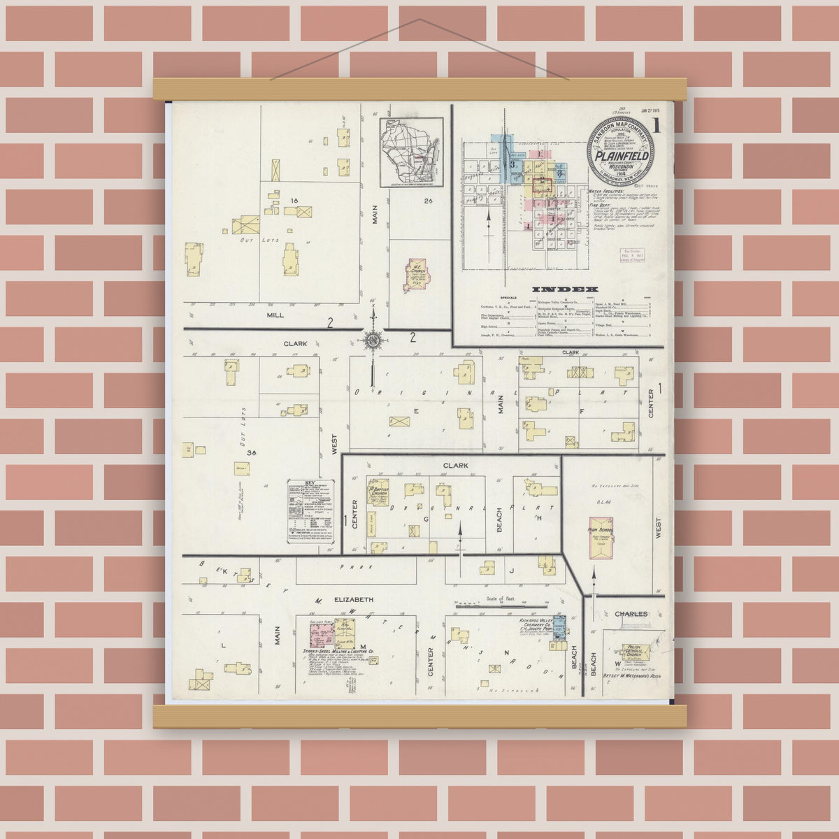 Old map wall art mockup — magnetic wood frame on brick wall — Sanborn Fire Insurance Map from Plainfield, Waushara County, Wisconsin (1914) - Complete Map Set