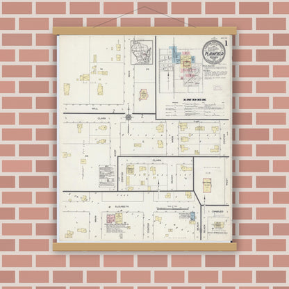 Old map wall art mockup — magnetic wood frame on brick wall — Sanborn Fire Insurance Map from Plainfield, Waushara County, Wisconsin (1914) - Complete Map Set