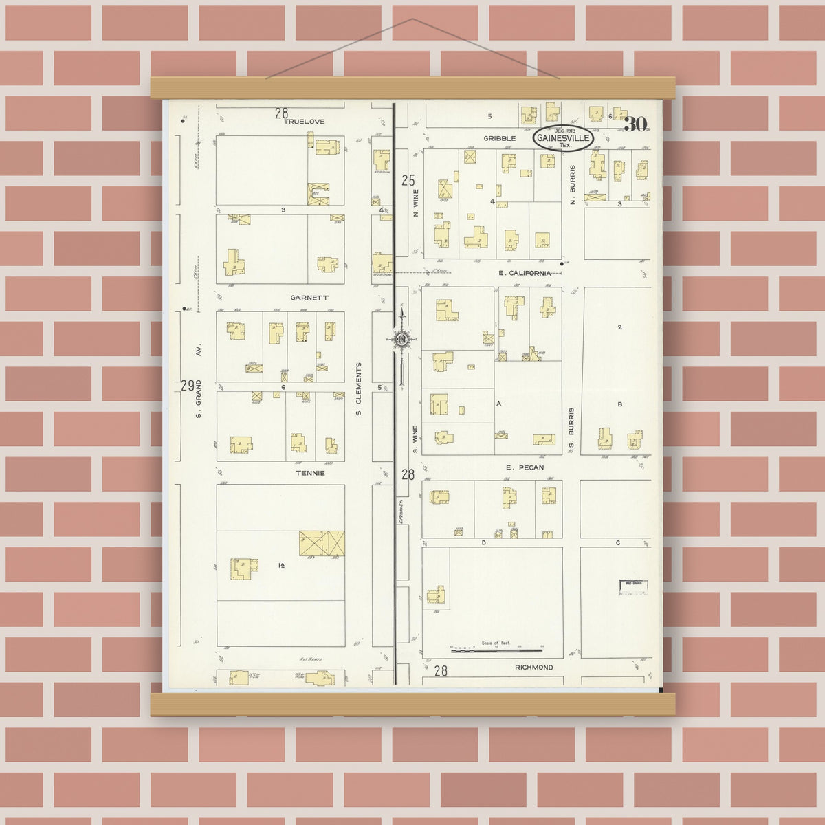 Old map wall art mockup — magnetic wood frame on brick wall — Sanborn Fire Insurance Map from Gainesville, Cooke County, Texas (1913), Sheet #0030