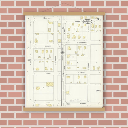Old map wall art mockup — magnetic wood frame on brick wall — Sanborn Fire Insurance Map from Gainesville, Cooke County, Texas (1913), Sheet #0030